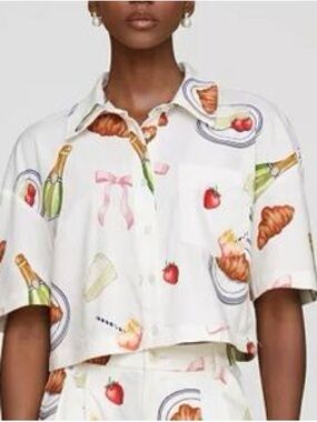 Avec Les Filles White Cropped Button-Up Shirt with Breakfast Print